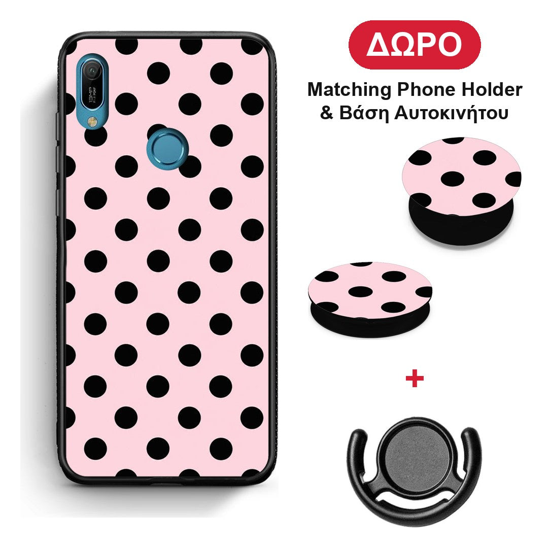 Black Polka Dots on Pink - Huawei Y6 2019 θήκη + Δώρο Phone Holder & Βάση Αυτοκινήτου