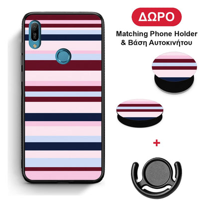 Burgundy Pink and Blue Horizontal Stripes - Huawei Y6 2019 θήκη + Δώρο Phone Holder & Βάση Αυτοκινήτου