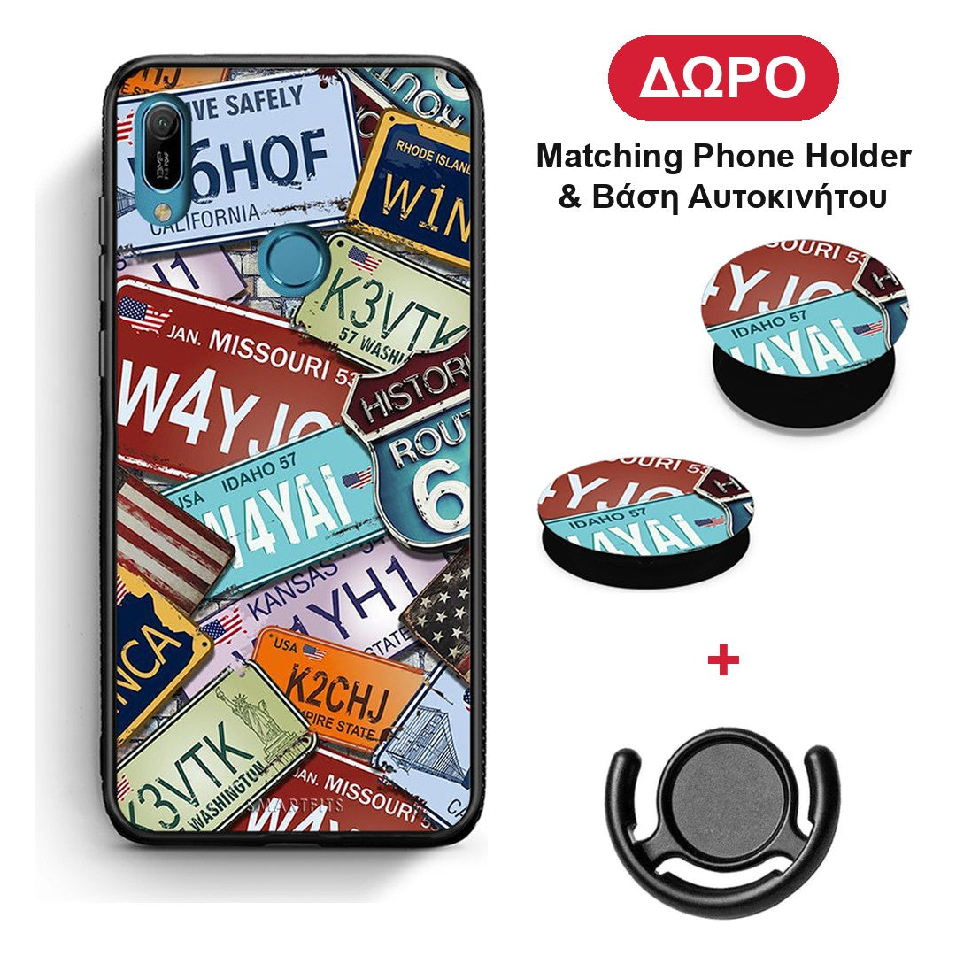 Car Plates - Huawei Y6 2019 θήκη + Δώρο Phone Holder & Βάση Αυτοκινήτου