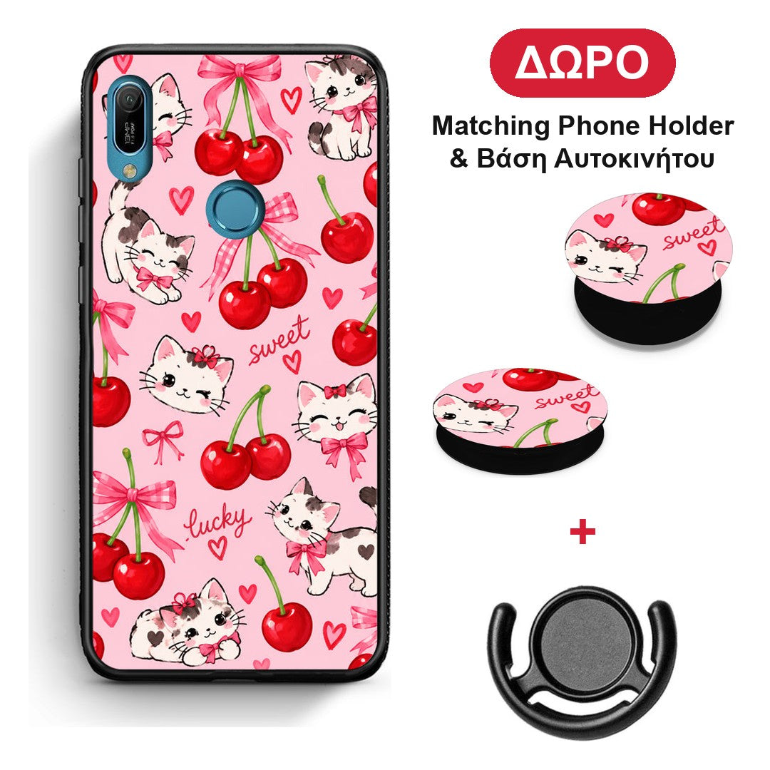 Cherries Bows and Kittens on Pink - Huawei Y6 2019 θήκη + Δώρο Phone Holder & Βάση Αυτοκινήτου