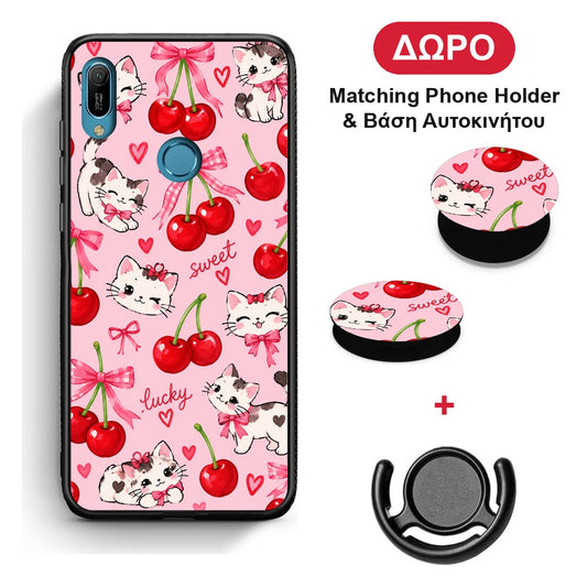 Cherries Bows and Kittens on Pink - Huawei Y6 2019 θήκη + Δώρο Phone Holder & Βάση Αυτοκινήτου