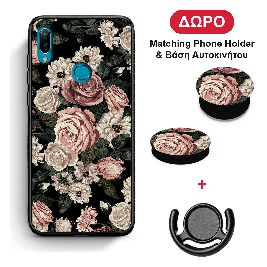 Flower Wild Roses - Huawei Y6 2019 θήκη + Δώρο Phone Holder & Βάση Αυτοκινήτου