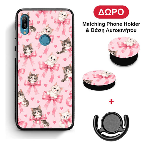 Kittens and Pink Bows on Pink - Huawei Y6 2019 θήκη + Δώρο Phone Holder & Βάση Αυτοκινήτου