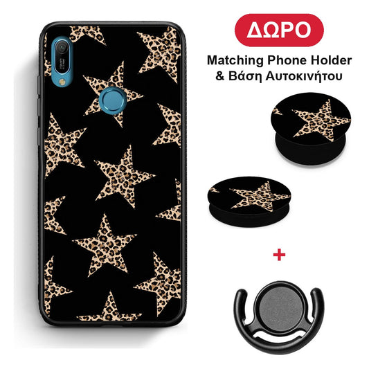 Leopard Stars on Black - Huawei Y6 2019 θήκη + Δώρο Phone Holder & Βάση Αυτοκινήτου