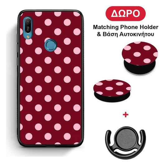 Pink Polka Dots on Burgundy - Huawei Y6 2019 θήκη + Δώρο Phone Holder & Βάση Αυτοκινήτου