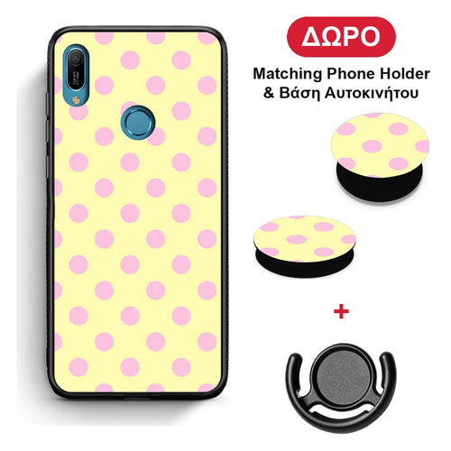 Pink Polka Dots on Yellow - Huawei Y6 2019 θήκη + Δώρο Phone Holder & Βάση Αυτοκινήτου