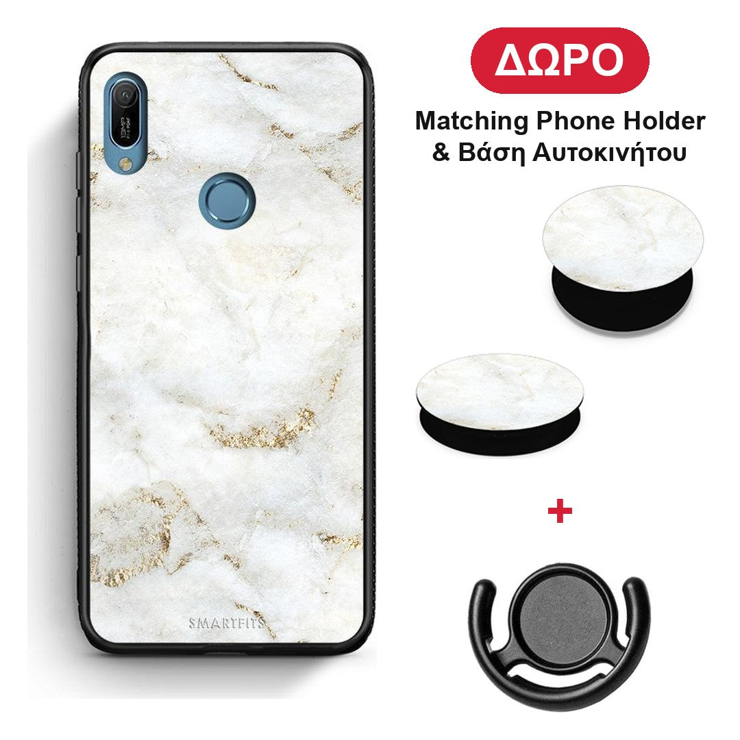 White Gold Marble - Huawei Y6 2019 θήκη + Δώρο Phone Holder & Βάση Αυτοκινήτου