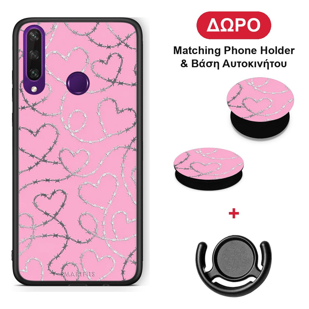 Barbed Wire Hearts on Pink - Huawei Y6p θήκη + Δώρο Phone Holder & Βάση Αυτοκινήτου
