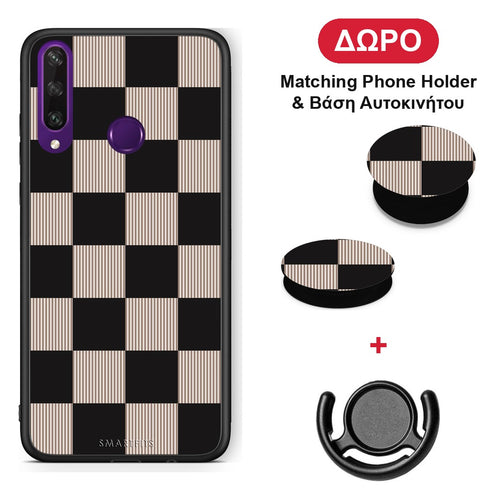 Black and Taupe Striped Checks - Huawei Y6p θήκη + Δώρο Phone Holder & Βάση Αυτοκινήτου