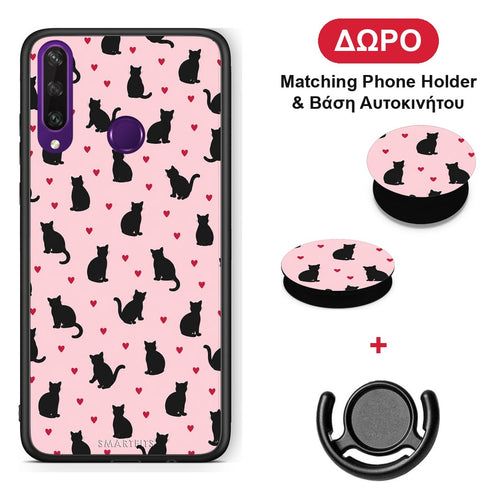 Black Cat Silhouettes and Hearts on Pink - Huawei Y6p θήκη + Δώρο Phone Holder & Βάση Αυτοκινήτου