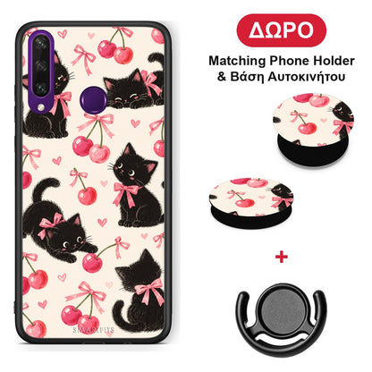 Black Kittens and Cherries on Cream - Huawei Y6p θήκη + Δώρο Phone Holder & Βάση Αυτοκινήτου