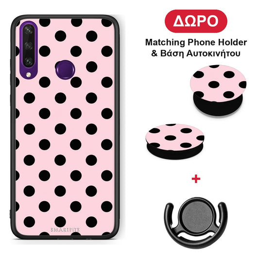 Black Polka Dots on Pink - Huawei Y6p θήκη + Δώρο Phone Holder & Βάση Αυτοκινήτου
