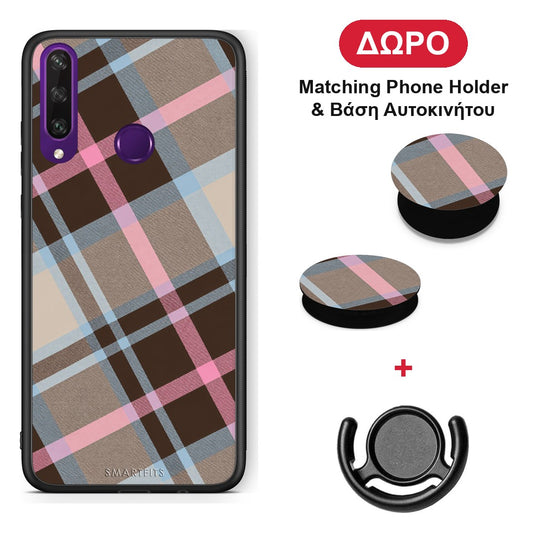 Brown Pink and Blue Diagonal Plaid - Huawei Y6p θήκη + Δώρο Phone Holder & Βάση Αυτοκινήτου
