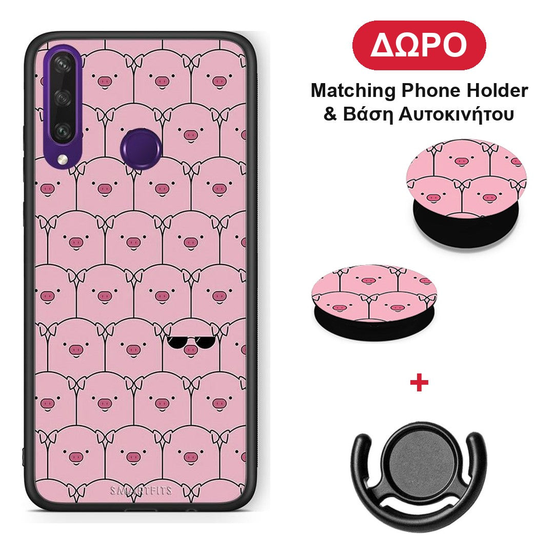 Pig Glasses - Huawei Y6p θήκη + Δώρο Phone Holder & Βάση Αυτοκινήτου