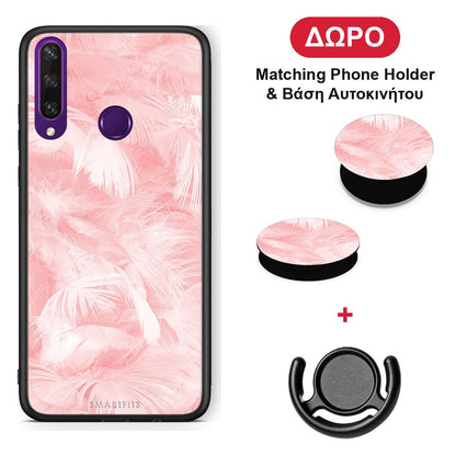 Boho Pink Feather - Huawei Y6p θήκη + Δώρο Phone Holder & Βάση Αυτοκινήτου