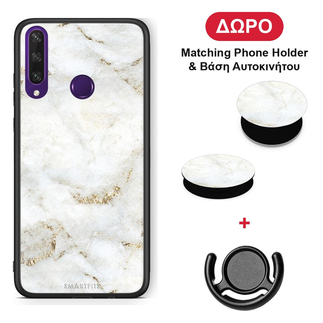 White Gold Marble - Huawei Y6p θήκη + Δώρο Phone Holder & Βάση Αυτοκινήτου