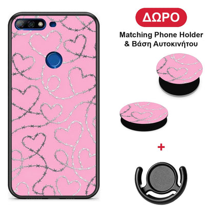 Barbed Wire Hearts on Pink - Huawei Y7 2018 / Prime Y7 2018 / Honor 7C θήκη + Δώρο Phone Holder & Βάση Αυτοκινήτου