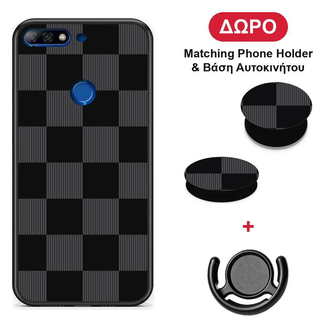 Black and Charcoal Striped Checks - Huawei Y7 2018 / Prime Y7 2018 / Honor 7C θήκη + Δώρο Phone Holder & Βάση Αυτοκινήτου