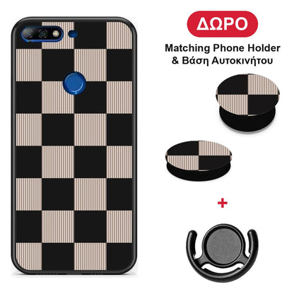 Black and Taupe Striped Checks - Huawei Y7 2018 / Prime Y7 2018 / Honor 7C θήκη + Δώρο Phone Holder & Βάση Αυτοκινήτου