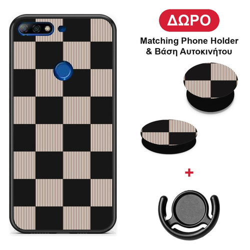 Black and Taupe Striped Checks - Huawei Y7 2018 / Prime Y7 2018 / Honor 7C θήκη + Δώρο Phone Holder & Βάση Αυτοκινήτου