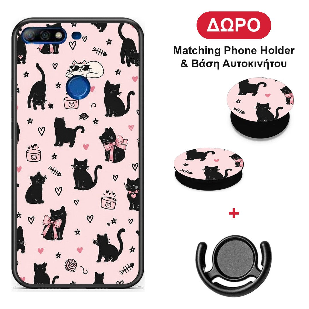 Black Cat Doodles on Pink - Huawei Y7 2018 / Prime Y7 2018 / Honor 7C θήκη + Δώρο Phone Holder & Βάση Αυτοκινήτου