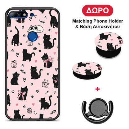 Black Cat Doodles on Pink - Huawei Y7 2018 / Prime Y7 2018 / Honor 7C θήκη + Δώρο Phone Holder & Βάση Αυτοκινήτου