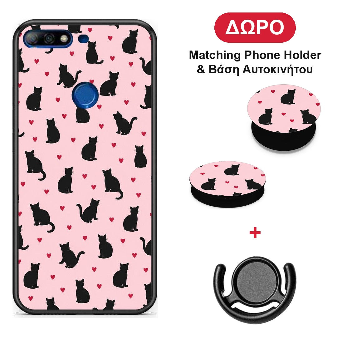 Black Cat Silhouettes and Hearts on Pink - Huawei Y7 2018 / Prime Y7 2018 / Honor 7C θήκη + Δώρο Phone Holder & Βάση Αυτοκινήτου