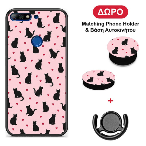 Black Cat Silhouettes and Hearts on Pink - Huawei Y7 2018 / Prime Y7 2018 / Honor 7C θήκη + Δώρο Phone Holder & Βάση Αυτοκινήτου