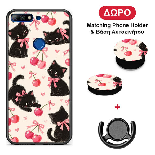 Black Kittens and Cherries on Cream - Huawei Y7 2018 / Prime Y7 2018 / Honor 7C θήκη + Δώρο Phone Holder & Βάση Αυτοκινήτου