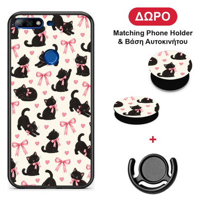 Black Kittens and Pink Bows on Cream Small - Huawei Y7 2018 / Prime Y7 2018 / Honor 7C θήκη + Δώρο Phone Holder & Βάση Αυτοκινήτου