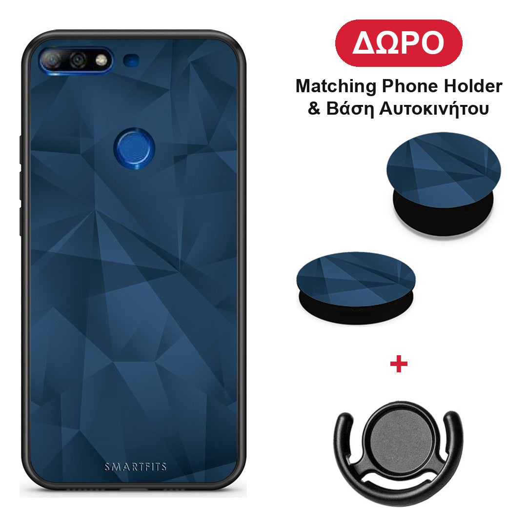 Geometric Blue Abstract - Huawei Y7 2018 / Prime Y7 2018 / Honor 7C θήκη + Δώρο Phone Holder & Βάση Αυτοκινήτου
