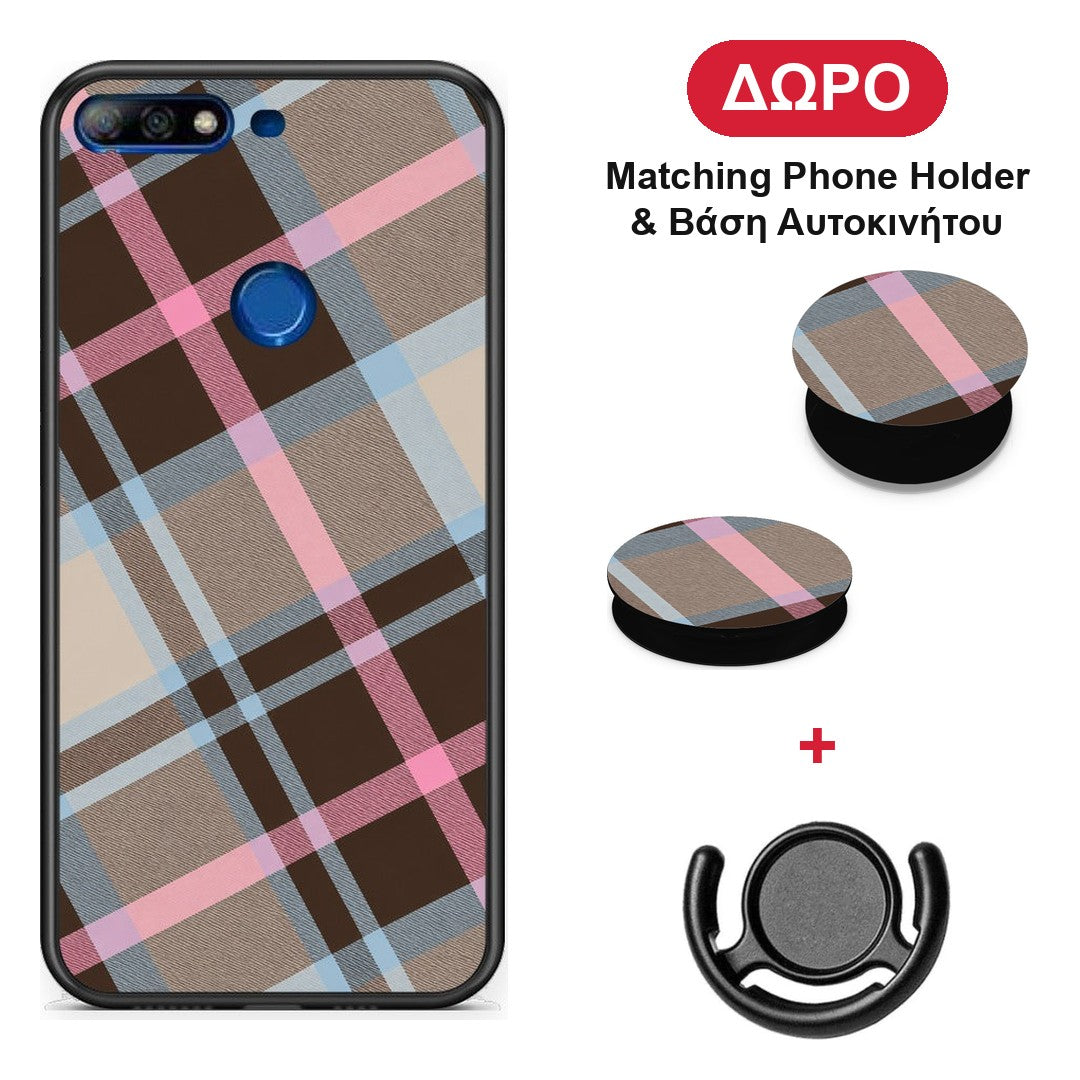Brown Pink and Blue Diagonal Plaid - Huawei Y7 2018 / Prime Y7 2018 / Honor 7C θήκη + Δώρο Phone Holder & Βάση Αυτοκινήτου