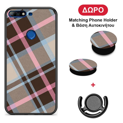 Brown Pink and Blue Diagonal Plaid - Huawei Y7 2018 / Prime Y7 2018 / Honor 7C θήκη + Δώρο Phone Holder & Βάση Αυτοκινήτου