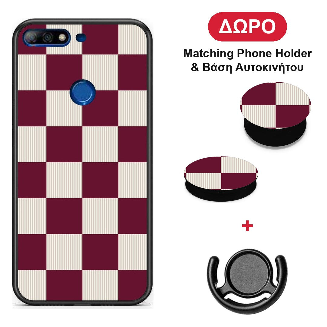Burgundy and Cream Striped Checks - Huawei Y7 2018 / Prime Y7 2018 / Honor 7C θήκη + Δώρο Phone Holder & Βάση Αυτοκινήτου