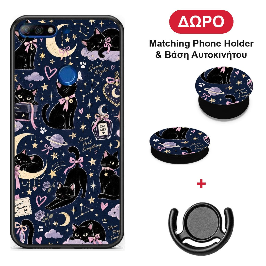 Celestial Black Cats on Navy - Huawei Y7 2018 / Prime Y7 2018 / Honor 7C θήκη + Δώρο Phone Holder & Βάση Αυτοκινήτου