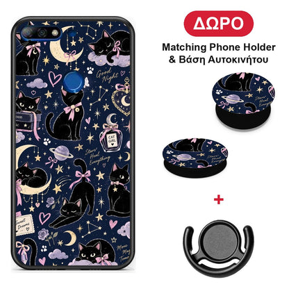 Celestial Black Cats on Navy - Huawei Y7 2018 / Prime Y7 2018 / Honor 7C θήκη + Δώρο Phone Holder & Βάση Αυτοκινήτου