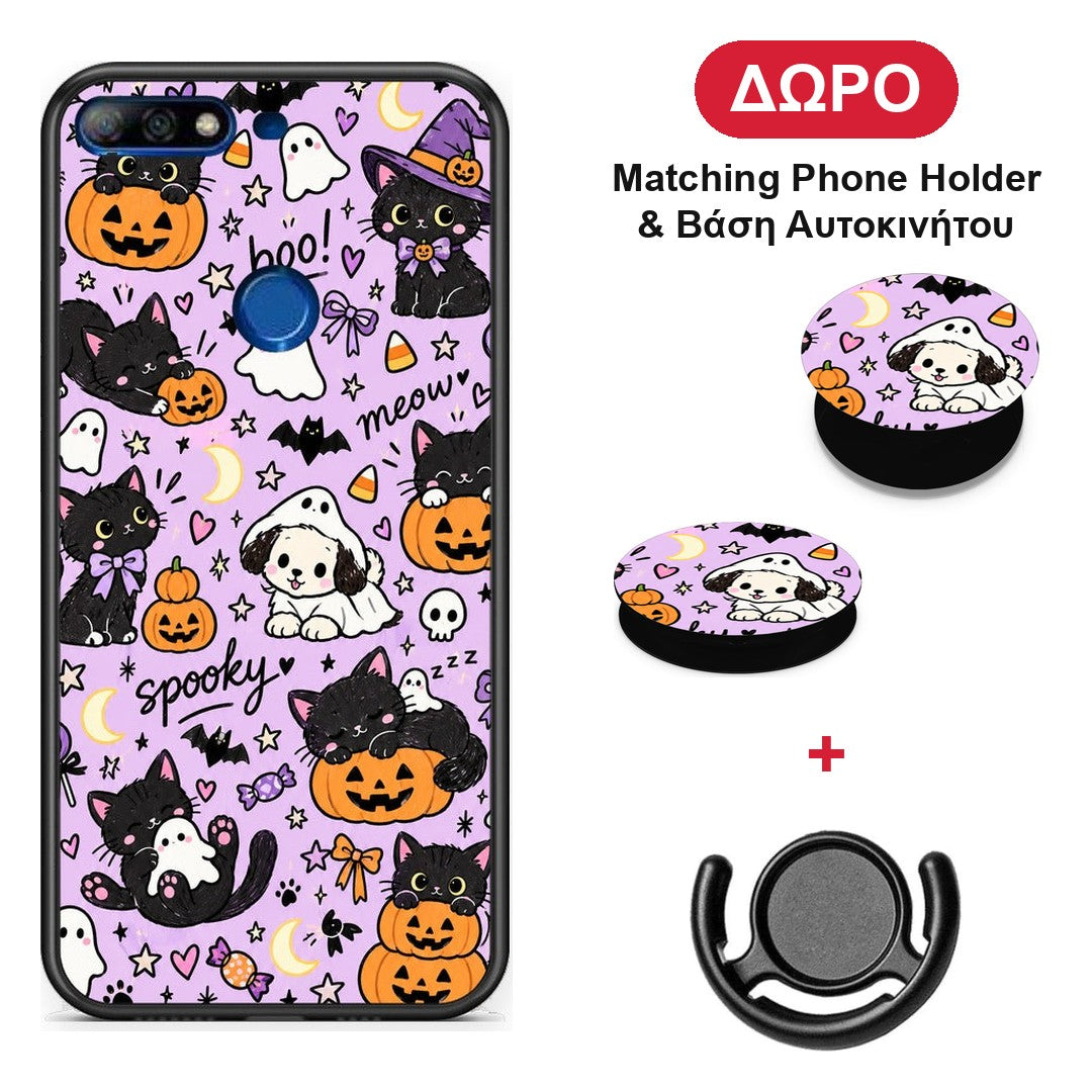 Halloween Black Cats on Lilac - Huawei Y7 2018 / Prime Y7 2018 / Honor 7C θήκη + Δώρο Phone Holder & Βάση Αυτοκινήτου