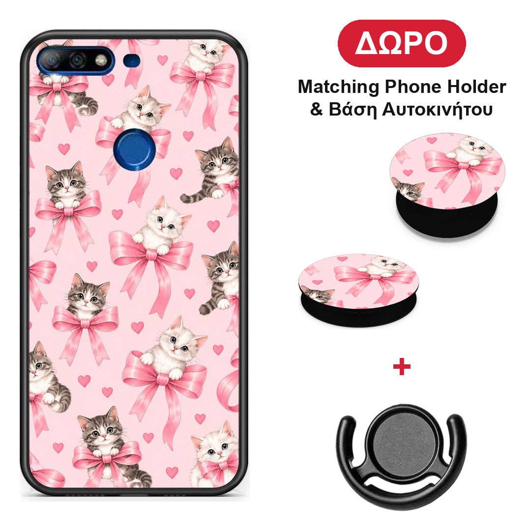 Kittens and Pink Bows on Pink - Huawei Y7 2018 / Prime Y7 2018 / Honor 7C θήκη + Δώρο Phone Holder & Βάση Αυτοκινήτου