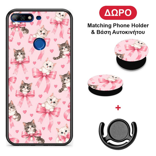 Kittens and Pink Bows on Pink - Huawei Y7 2018 / Prime Y7 2018 / Honor 7C θήκη + Δώρο Phone Holder & Βάση Αυτοκινήτου