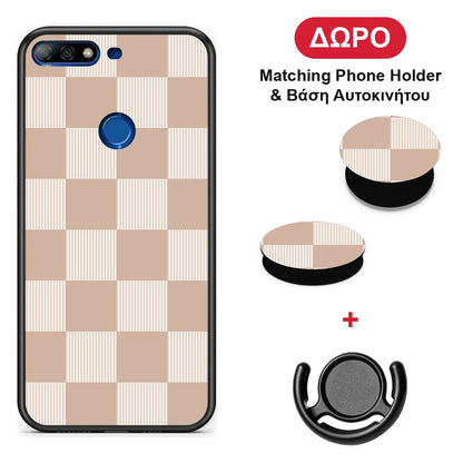 Latte and Cream Striped Checks - Huawei Y7 2018 / Prime Y7 2018 / Honor 7C θήκη + Δώρο Phone Holder & Βάση Αυτοκινήτου