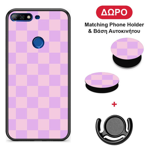 Lavender and Pink Checkerboard - Huawei Y7 2018 / Prime Y7 2018 / Honor 7C θήκη + Δώρο Phone Holder & Βάση Αυτοκινήτου