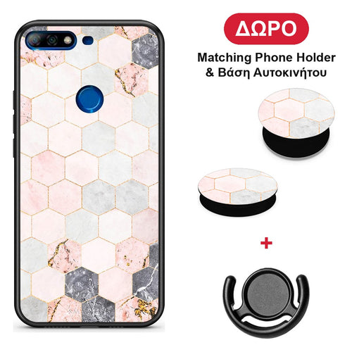Marble Hexagon Pink - Huawei Y7 2018 / Prime Y7 2018 / Honor 7C θήκη + Δώρο Phone Holder & Βάση Αυτοκινήτου