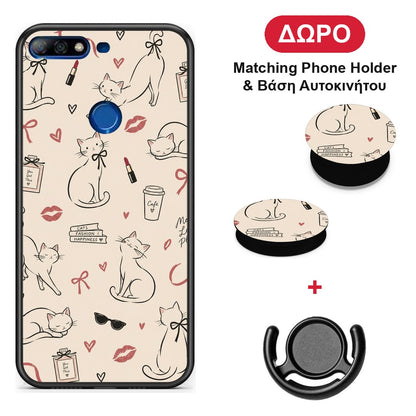 Minimal Cat and Fashion Doodles on Cream - Huawei Y7 2018 / Prime Y7 2018 / Honor 7C θήκη + Δώρο Phone Holder & Βάση Αυτοκινήτου