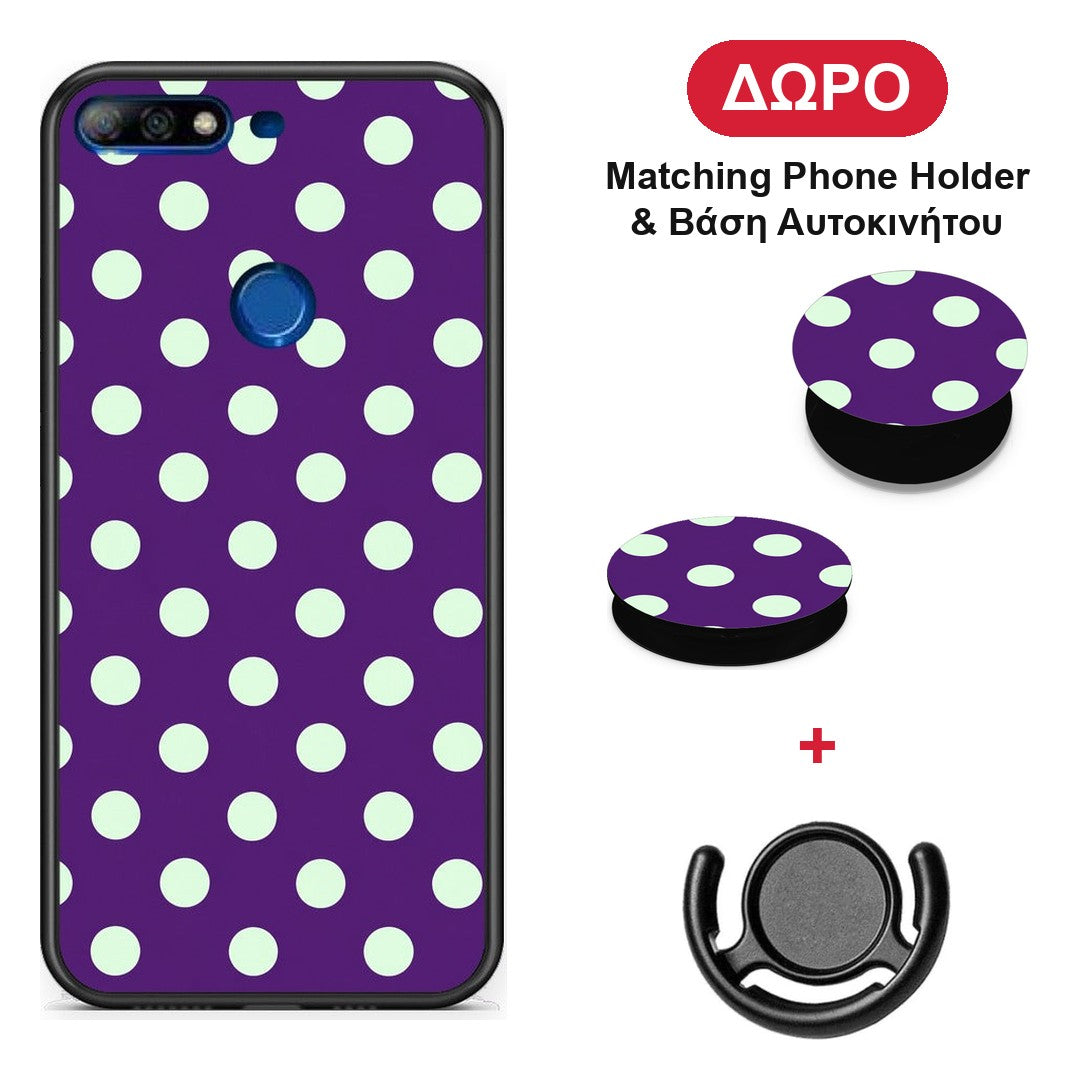 Mint Polka Dots on Purple - Huawei Y7 2018 / Prime Y7 2018 / Honor 7C θήκη + Δώρο Phone Holder & Βάση Αυτοκινήτου