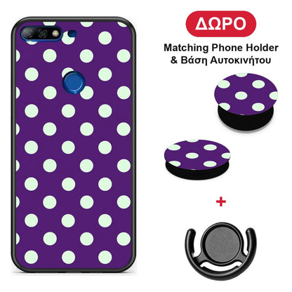 Mint Polka Dots on Purple - Huawei Y7 2018 / Prime Y7 2018 / Honor 7C θήκη + Δώρο Phone Holder & Βάση Αυτοκινήτου