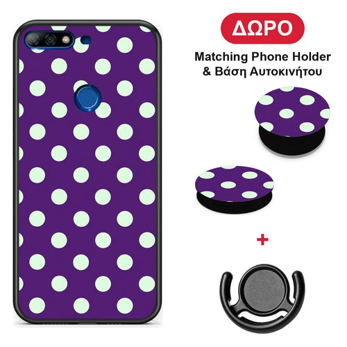 Mint Polka Dots on Purple - Huawei Y7 2018 / Prime Y7 2018 / Honor 7C θήκη + Δώρο Phone Holder & Βάση Αυτοκινήτου
