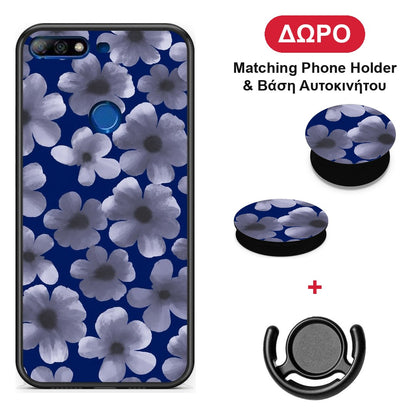 Pale Blue Flowers on Navy - Huawei Y7 2018 / Prime Y7 2018 / Honor 7C θήκη + Δώρο Phone Holder & Βάση Αυτοκινήτου