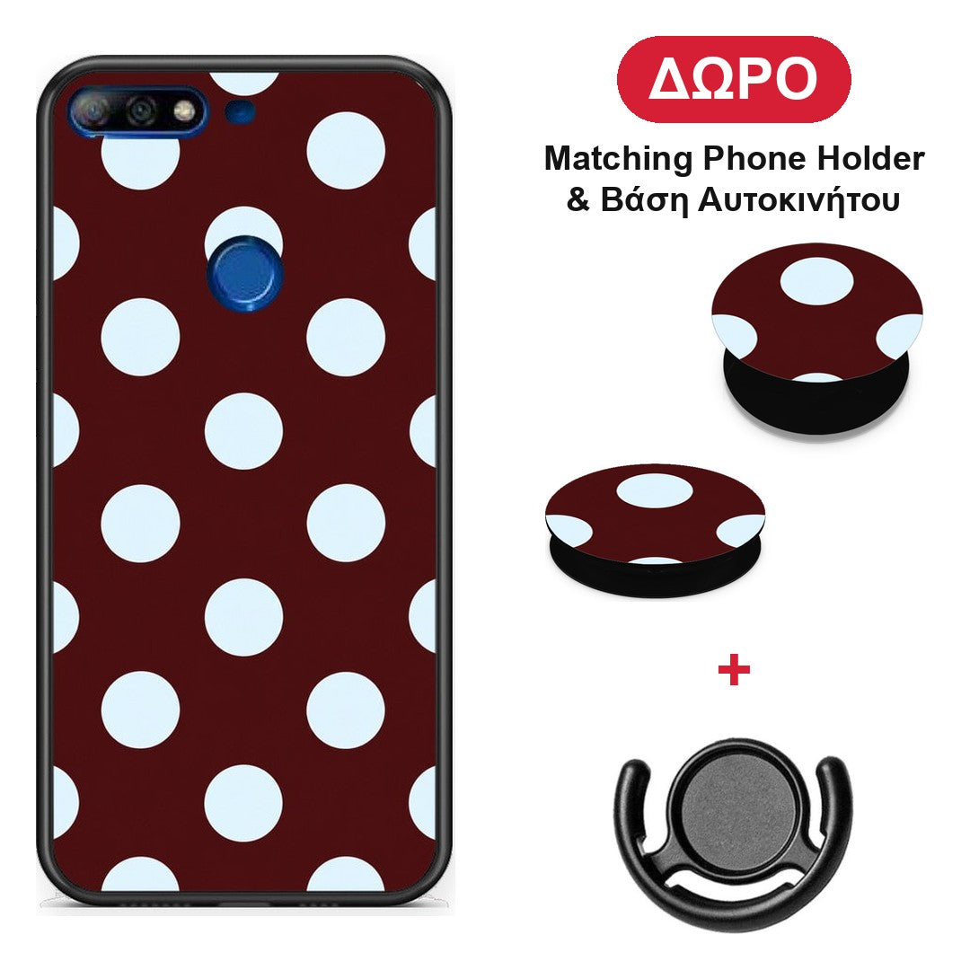 Pale Blue Large Polka Dots on Burgundy - Huawei Y7 2018 / Prime Y7 2018 / Honor 7C θήκη + Δώρο Phone Holder & Βάση Αυτοκινήτου