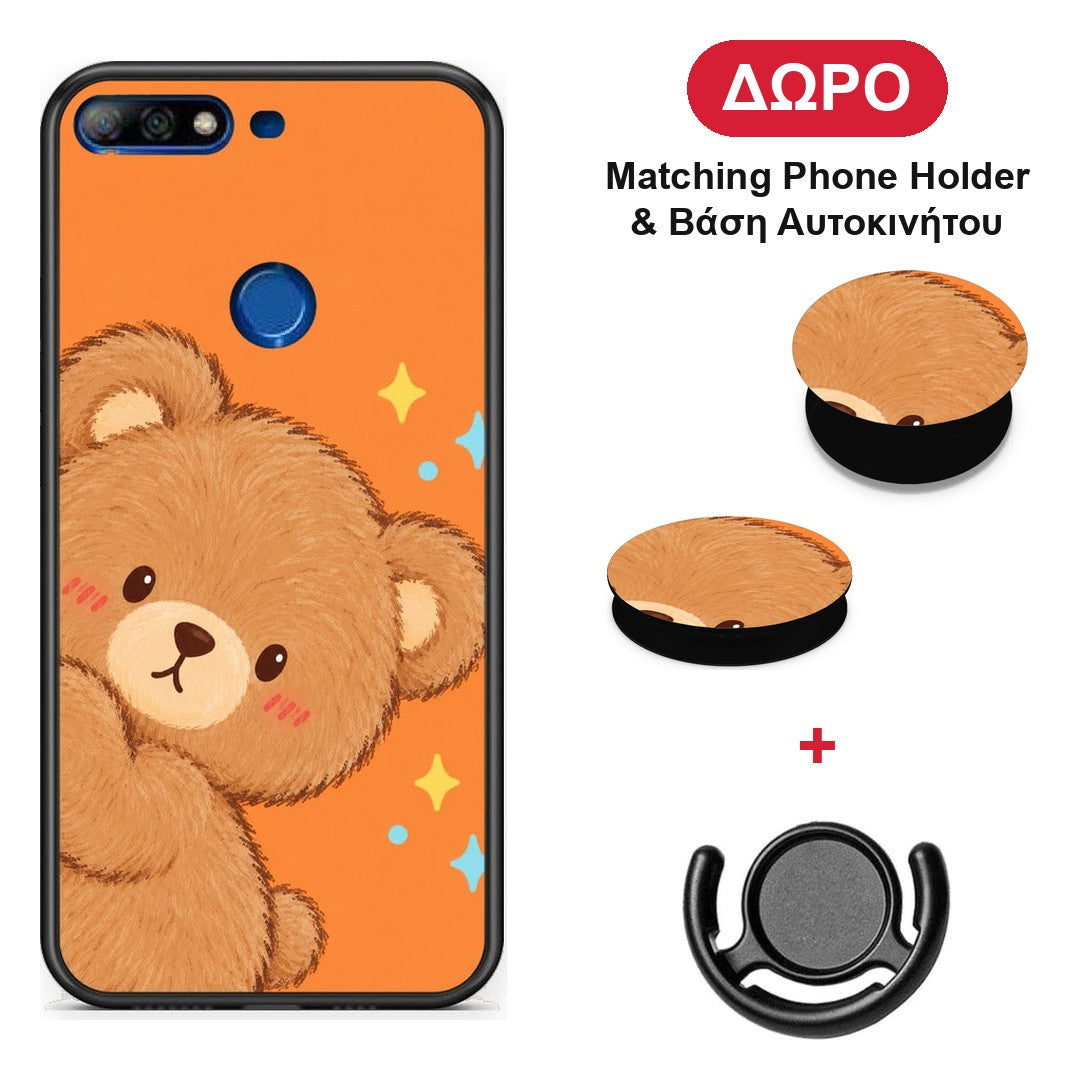 Peekaboo Teddy on Orange - Huawei Y7 2018 / Prime Y7 2018 / Honor 7C θήκη + Δώρο Phone Holder & Βάση Αυτοκινήτου