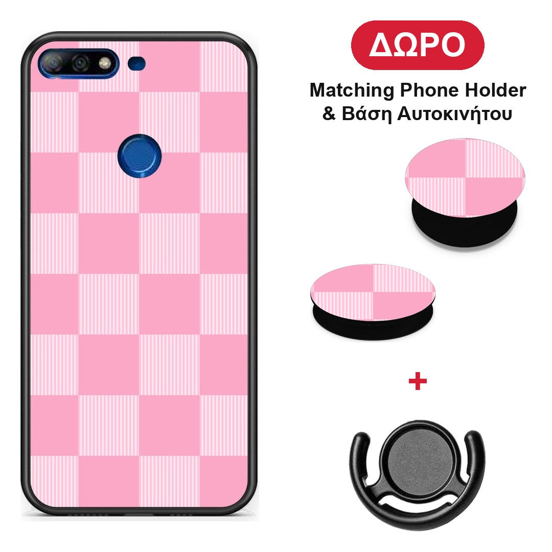 Pink and White Striped Checks - Huawei Y7 2018 / Prime Y7 2018 / Honor 7C θήκη + Δώρο Phone Holder & Βάση Αυτοκινήτου